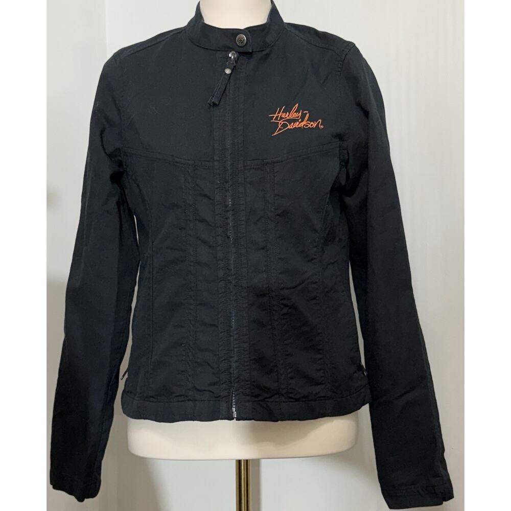 HARLEY DAVIDSON Cotton Twill Jacket Black Orange BACK LOGO Moto Zip Up Small S